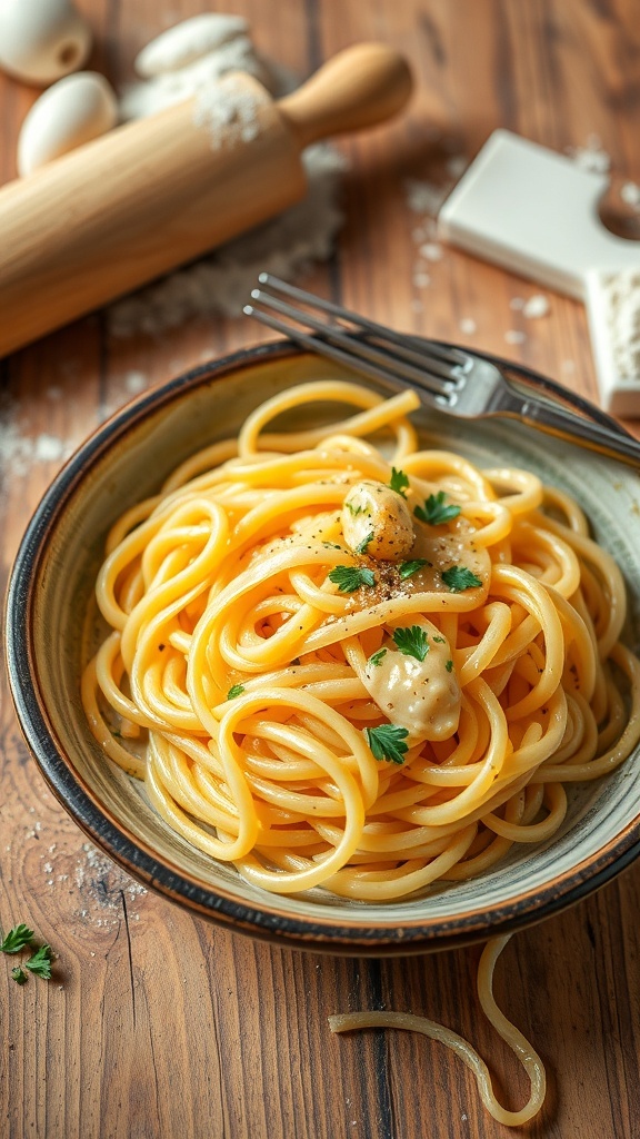 A bowl of homemade noodles topped with herbs, served on a rustic wooden table.
